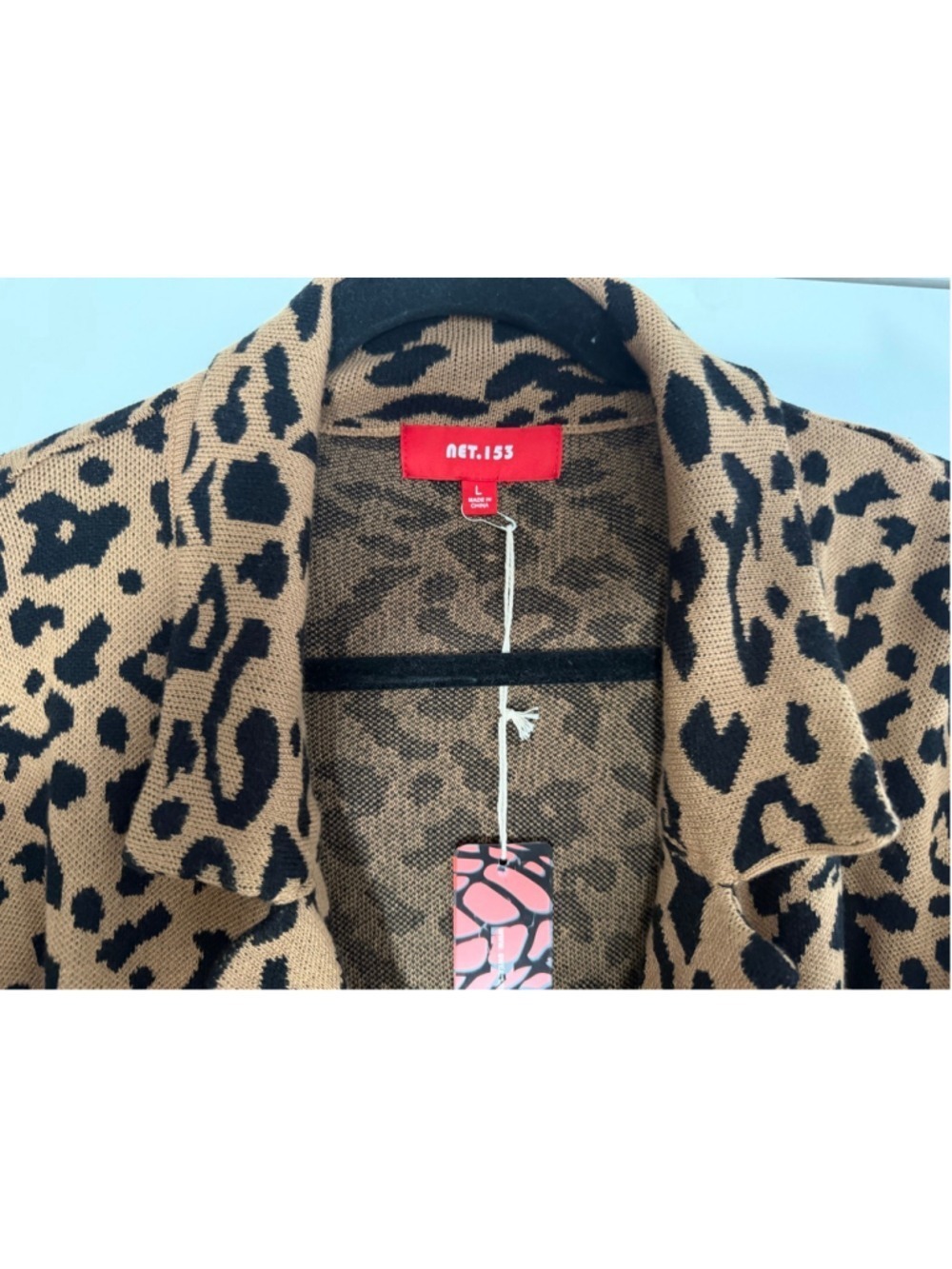 NET.153 Leopard Print Heavy Knit Blazer Jacket - Open Front Cardigan - Size L - Picture 3 of 9